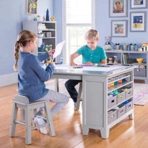 Martha Stewart Kids’ Art Table and Stools Set – Gray: Wooden Kids’ Activity Table and Chairs Set w/Storage, Bins Paper Roll for Coloring & Craft Activities | Study & Play Desk for Playroom Furniture(Grey)