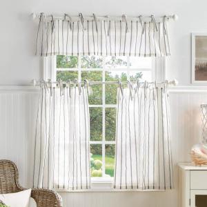 Martha Stewart Laguna Stripe Semi-Sheer Tie Tab Window Curtain Valance and Tiers Set, Grey(Grey)