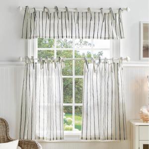 Martha Stewart Laguna Stripe Semi-Sheer Tie Tab Window Curtain Valance and Tiers Set, Grey(Navy Stripes)