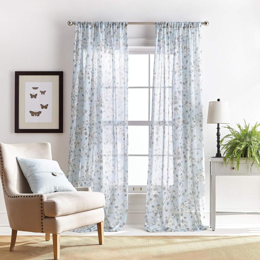 image:imageMartha Stewart Annabelle Floral Sheer Rod Pocket Single Curtain Panel 84 LinenAqua