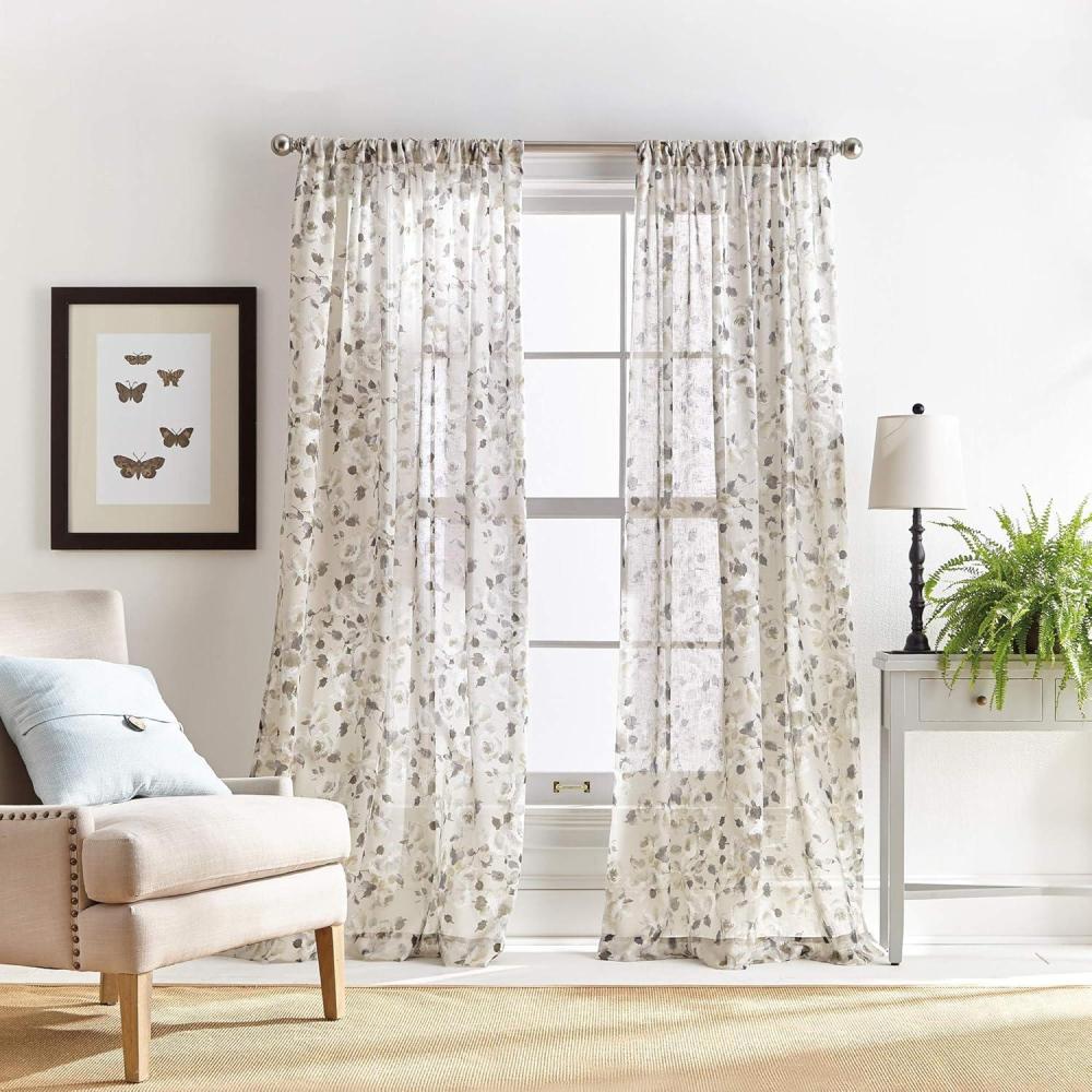 image:imageMartha Stewart Annabelle Floral Sheer Rod Pocket Single Curtain Panel 84 LinenLinen