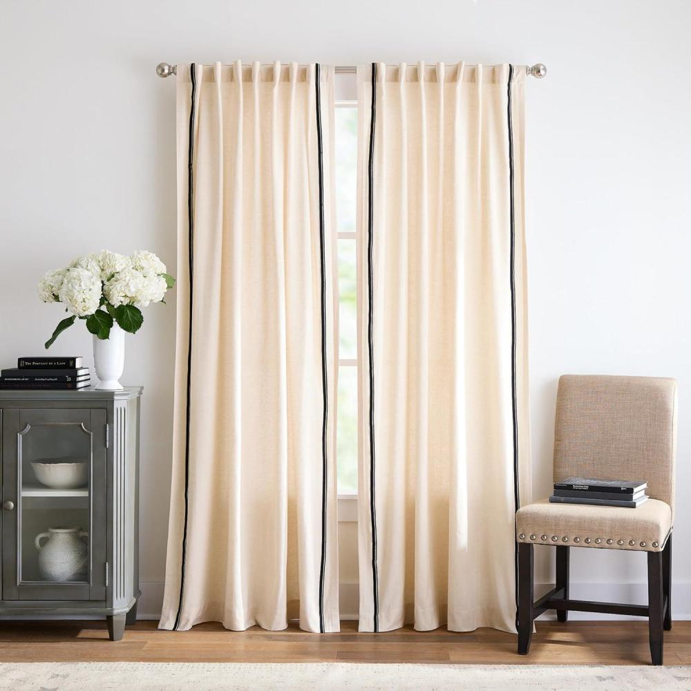 image:imageMartha Stewart Cream Light Filtering Window Curtains for Living Room 50 x 84 Set of 2 Back Tab Panels Embroidered Stripe LinenLinen