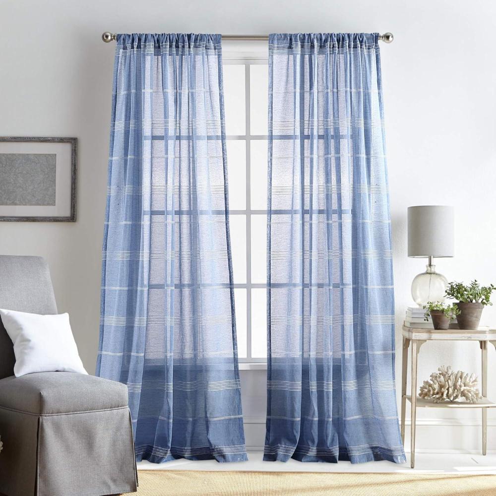 image:imageMartha Stewart Delicate Stripe Sheer Rod Pocket Window Curtain Panel Pair for Living Room 95 IndigoIndigo