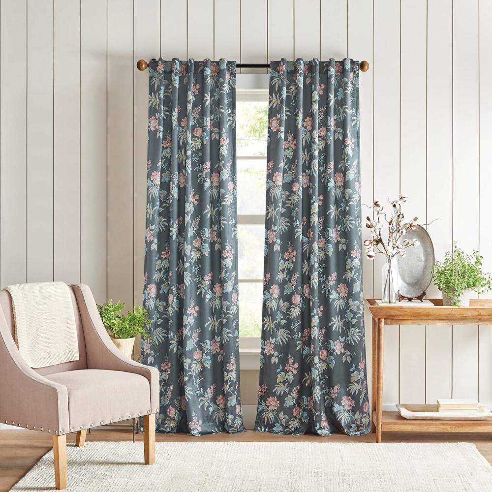 image:imageMartha Stewart Floral Curtains Room Darkening Botanical Flower Grey Back Tab Window Curtain Panel Pair Norah 84 CharcoalCharcoal