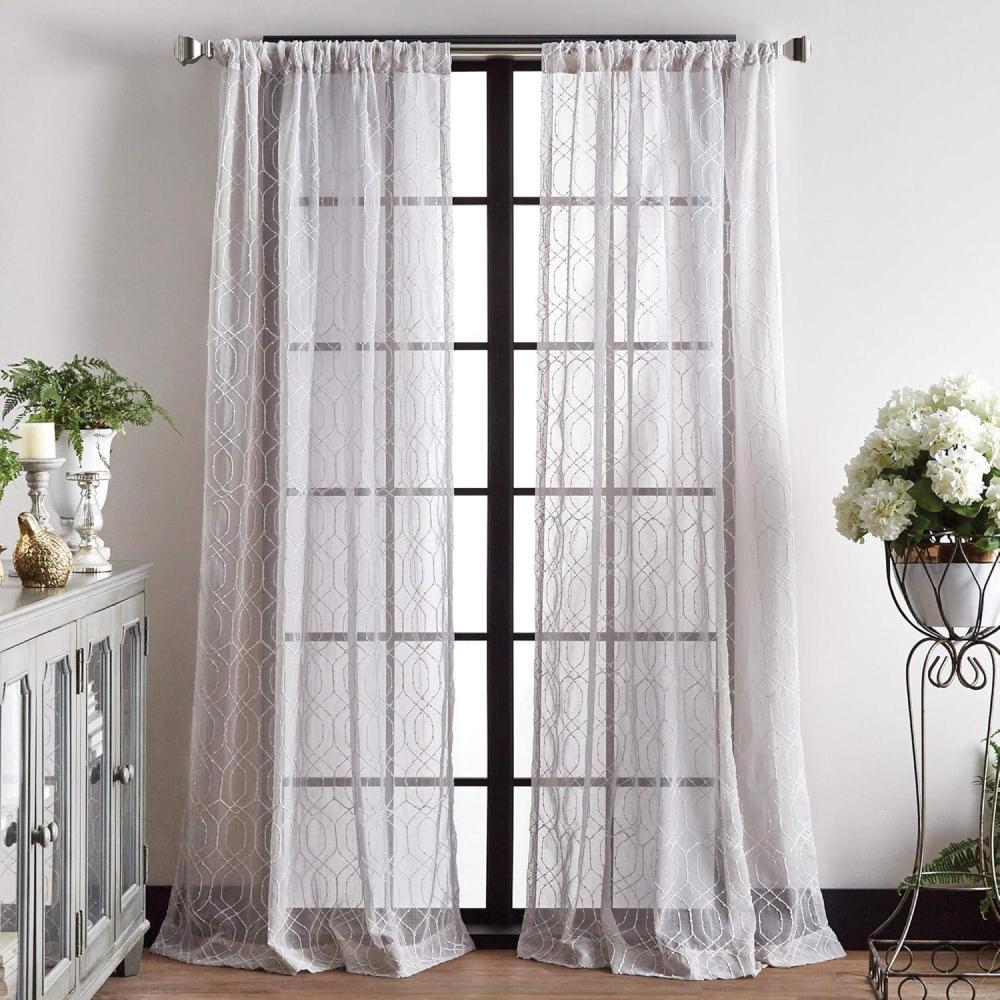 image:imageMartha Stewart Hourglass Embroidery Rod Pocket Window Curtain Panel Pair 95 SilverSilver