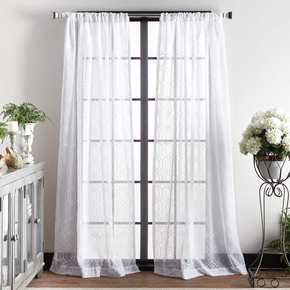 image:imageMartha Stewart Hourglass Embroidery Rod Pocket Window Curtain Panel Pair 95 SilverWhite