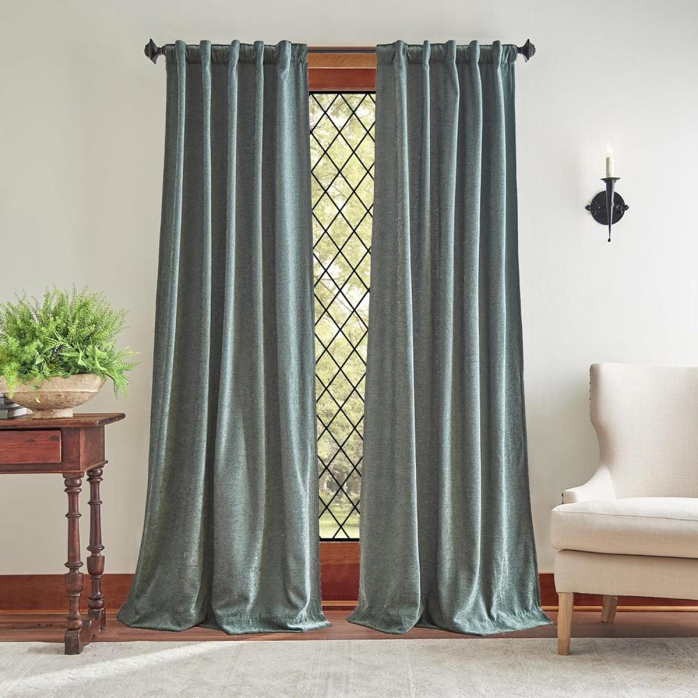 image:imageMartha Stewart Naples Chenille Solid Back Tab Window Curtain Panel Pair 95 Olive GreenOlive