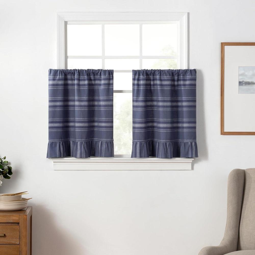 image:imageMartha Stewart Ruffle Curtains Striped Valance for Window  Kitchen Curtain  1 Piece  60 x 14 BlueBlue