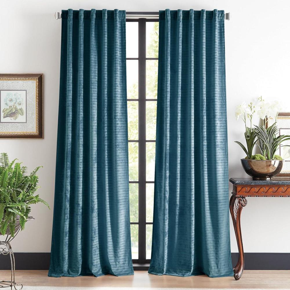 image:imageMartha Stewart Velvet Curtains Room Darkening Wave Embossed Rod PocketBack Tab Window Curtain Panel Pair 84 Olive GreenBlue