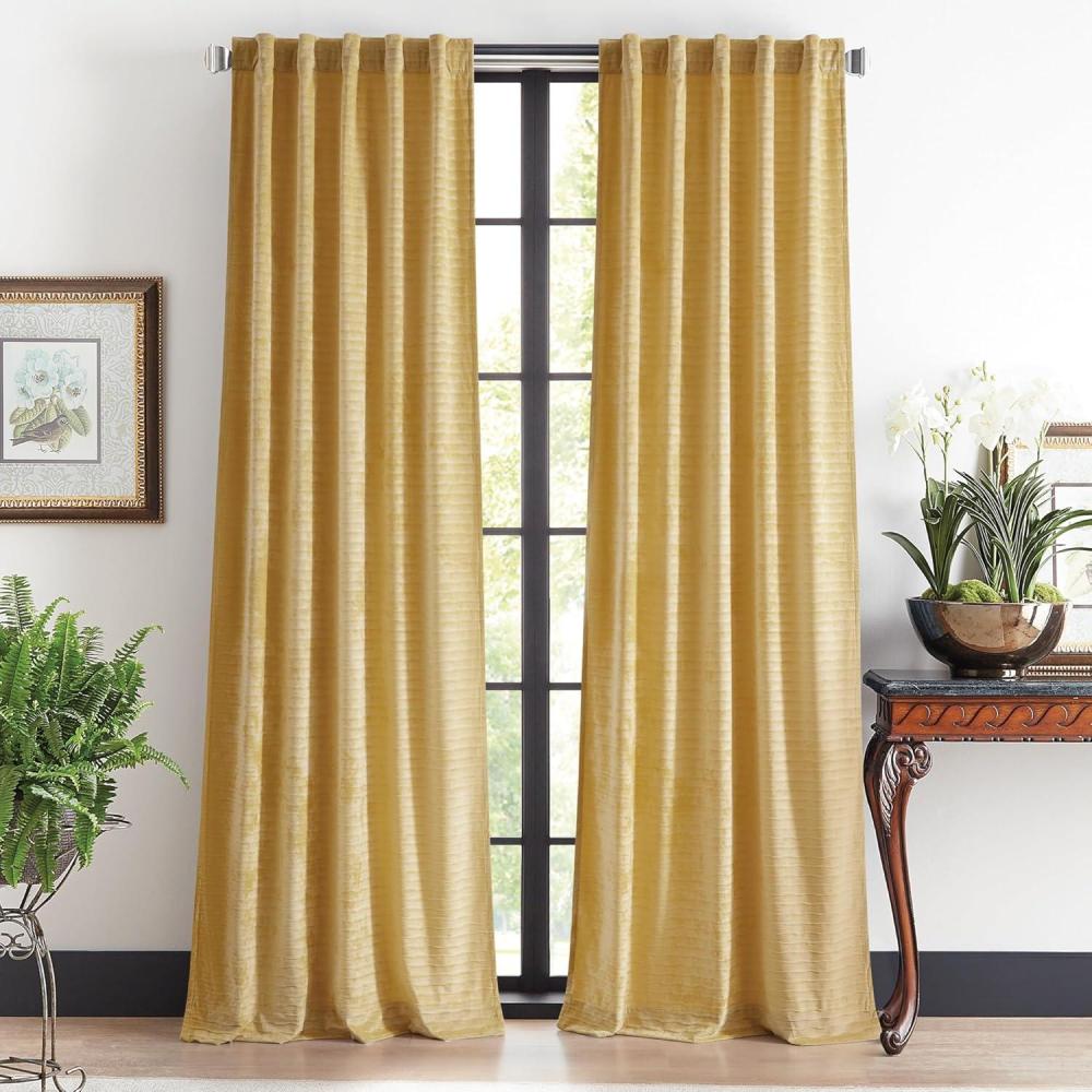 image:imageMartha Stewart Velvet Curtains Room Darkening Wave Embossed Rod PocketBack Tab Window Curtain Panel Pair 84 Olive GreenGold