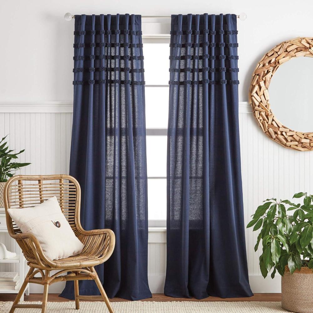 image:imageMartha Stewart Waters Edge Tufted Rod PocketBack Tab Window Curtain Panel Pair 84 WhiteNavy