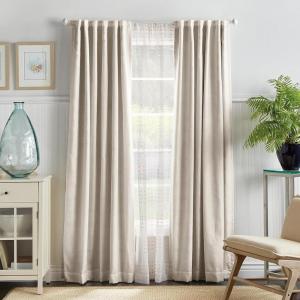 Martha Stewart Bedford Woven Plaid Blackout Back Tab Window Curtain Panel Pair, 95″, Linen(White)