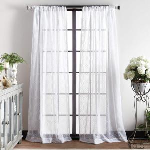 Martha Stewart Hourglass Embroidery Rod Pocket Window Curtain Panel Pair, 95″, Silver(White)