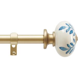 Martha Stewart Roseland Curtain Rod Set for Windows 36”- 66”, 3/4 inch, Brushed Brass, Blue White Finials