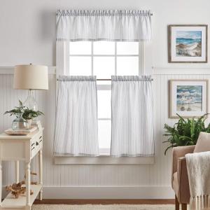 Martha Stewart Ticking Stripe 3-Piece Window Curtain Valance and Tiers Set, White Grey(White Indigo)
