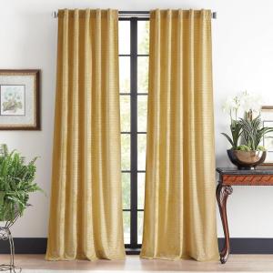 Martha Stewart Velvet Curtains Room Darkening Wave Embossed Rod Pocket/Back Tab Window Curtain Panel Pair, 84″, Olive Green(Gold)
