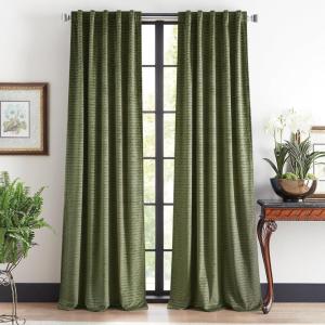 Martha Stewart Velvet Curtains Room Darkening Wave Embossed Rod Pocket/Back Tab Window Curtain Panel Pair, 84″, Olive Green(Olive)