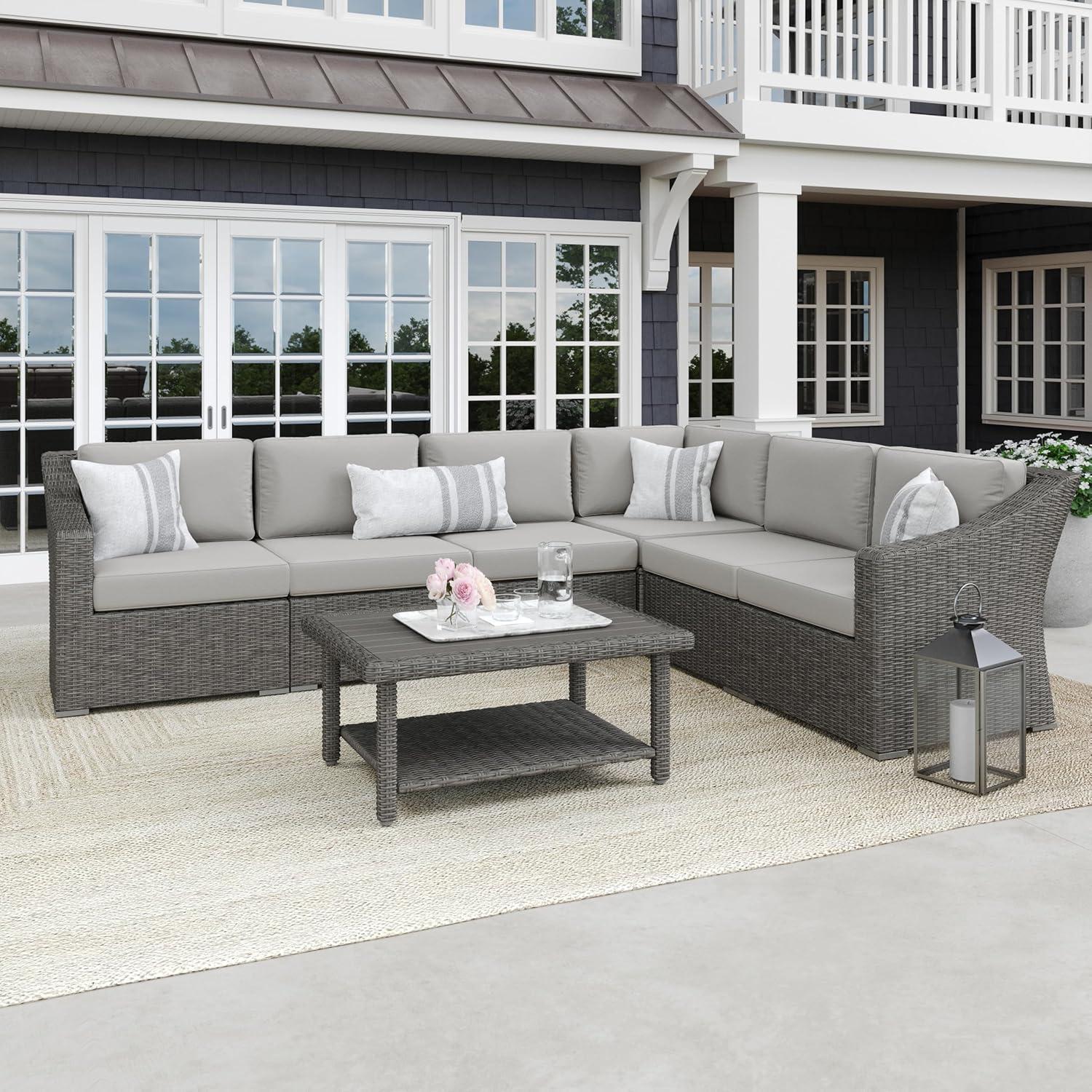 image:imageMartha Stewart Bedford IndoorOutdoor Modular Patio Sectional Sofa for 6 with Rattan Wicker Finish in Gray with Gray AllWeather Cushions