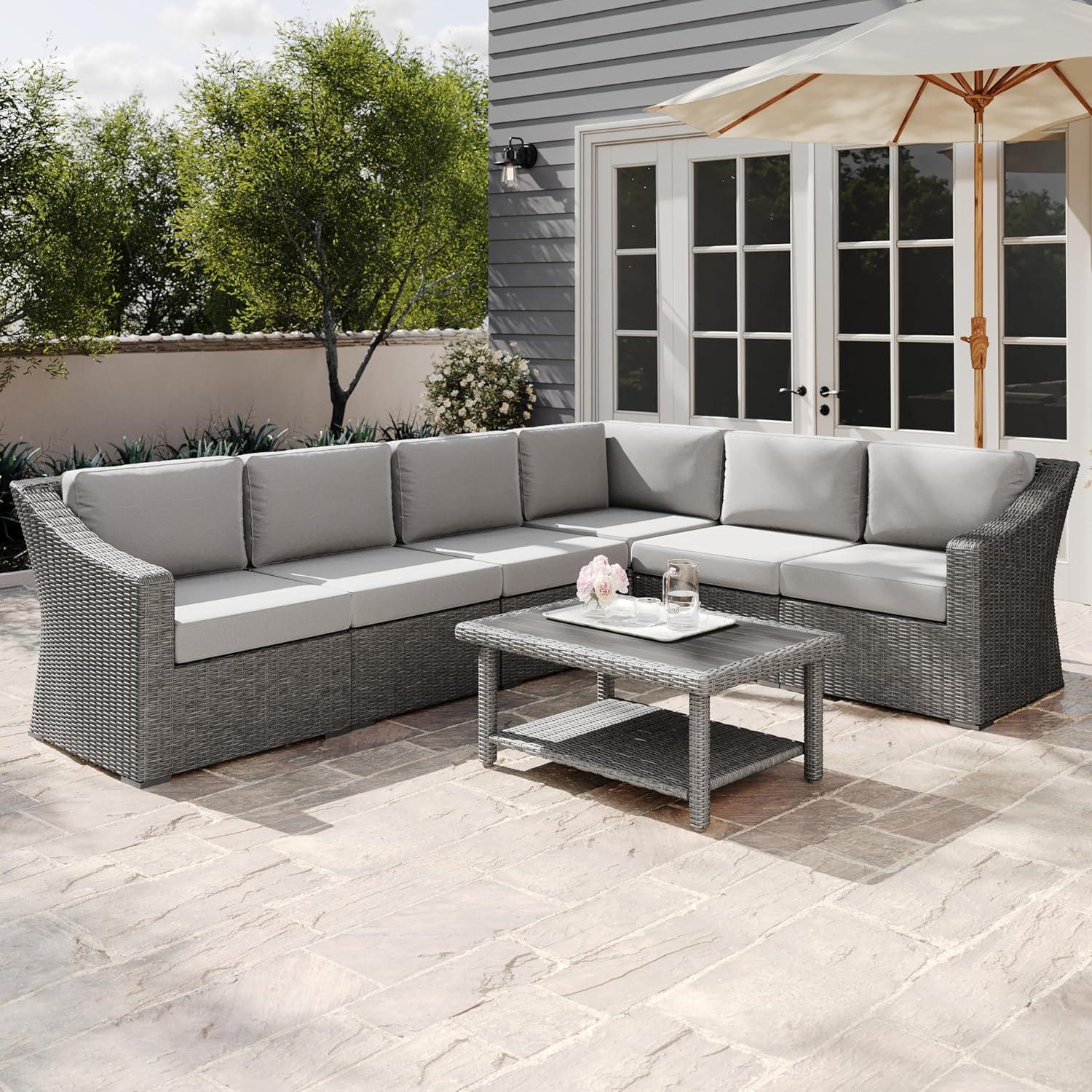 image:imageMartha Stewart Bedford IndoorOutdoor Modular Patio Sectional Sofa for 6 with Rattan Wicker Finish in Gray with Gray AllWeather Cushions
