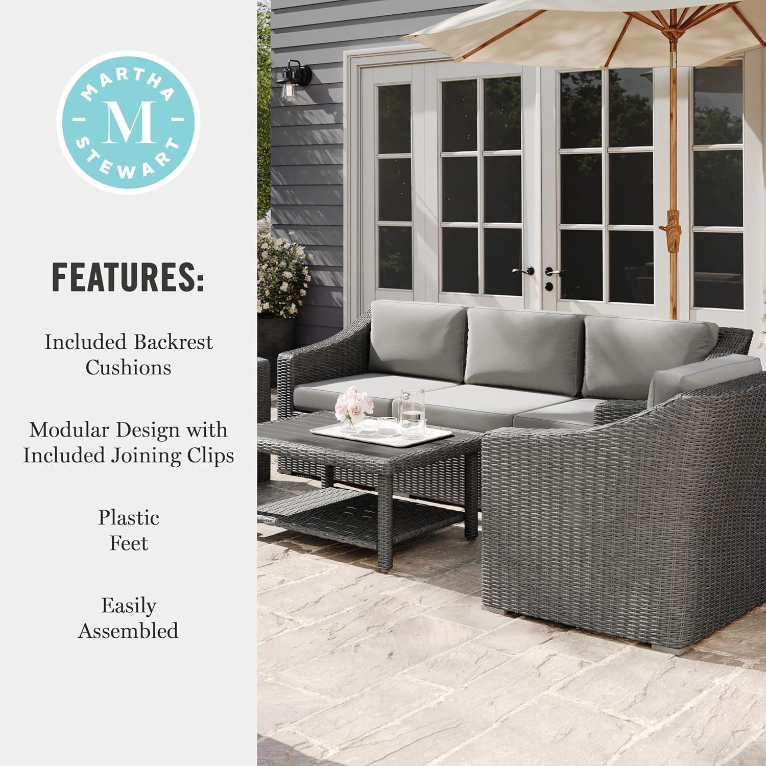 image:imageMartha Stewart Bedford IndoorOutdoor Modular Patio Sofa for 3 with Rattan Wicker Finish in Gray with Gray AllWeather Cushions