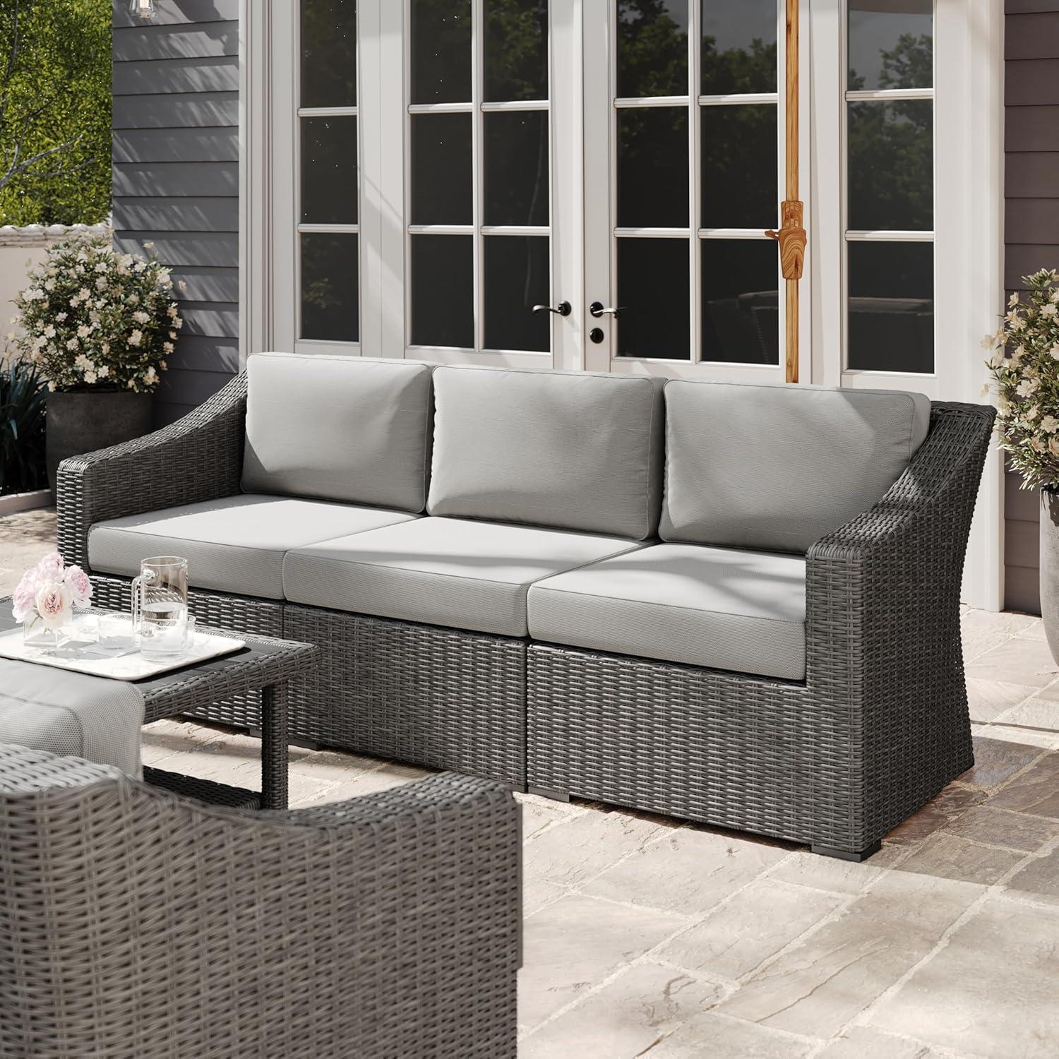 image:imageMartha Stewart Bedford IndoorOutdoor Modular Patio Sofa for 3 with Rattan Wicker Finish in Gray with Gray AllWeather Cushions