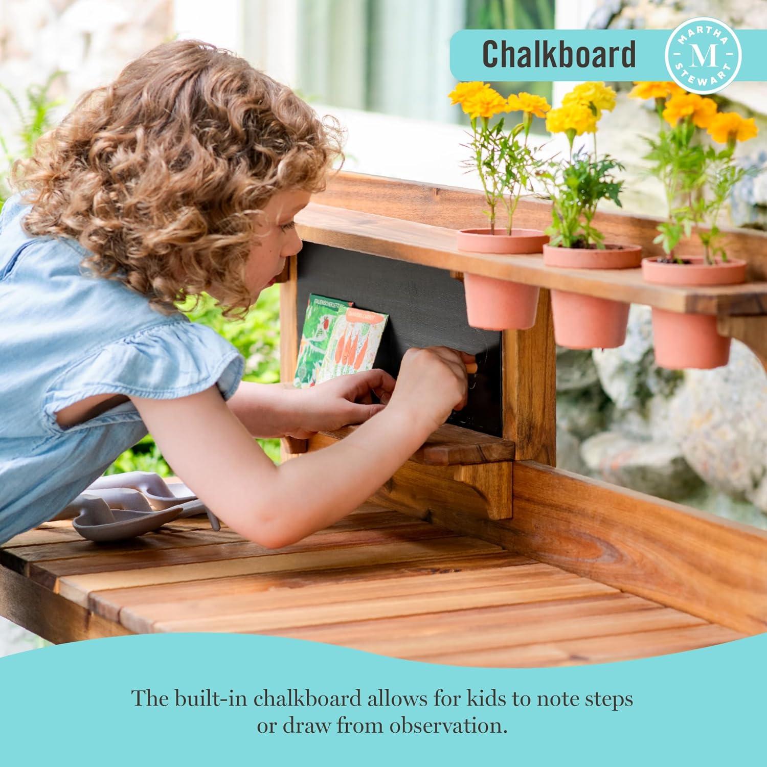 image:imageMartha Stewart Kids Outdoor Potting Bench Acacia Wood Kids Gardening Set with Pots Garden Tools Soil Bin and Open Shelves Wide Extendable Workspace Wooden Backyard Playset for Outdoor Activity