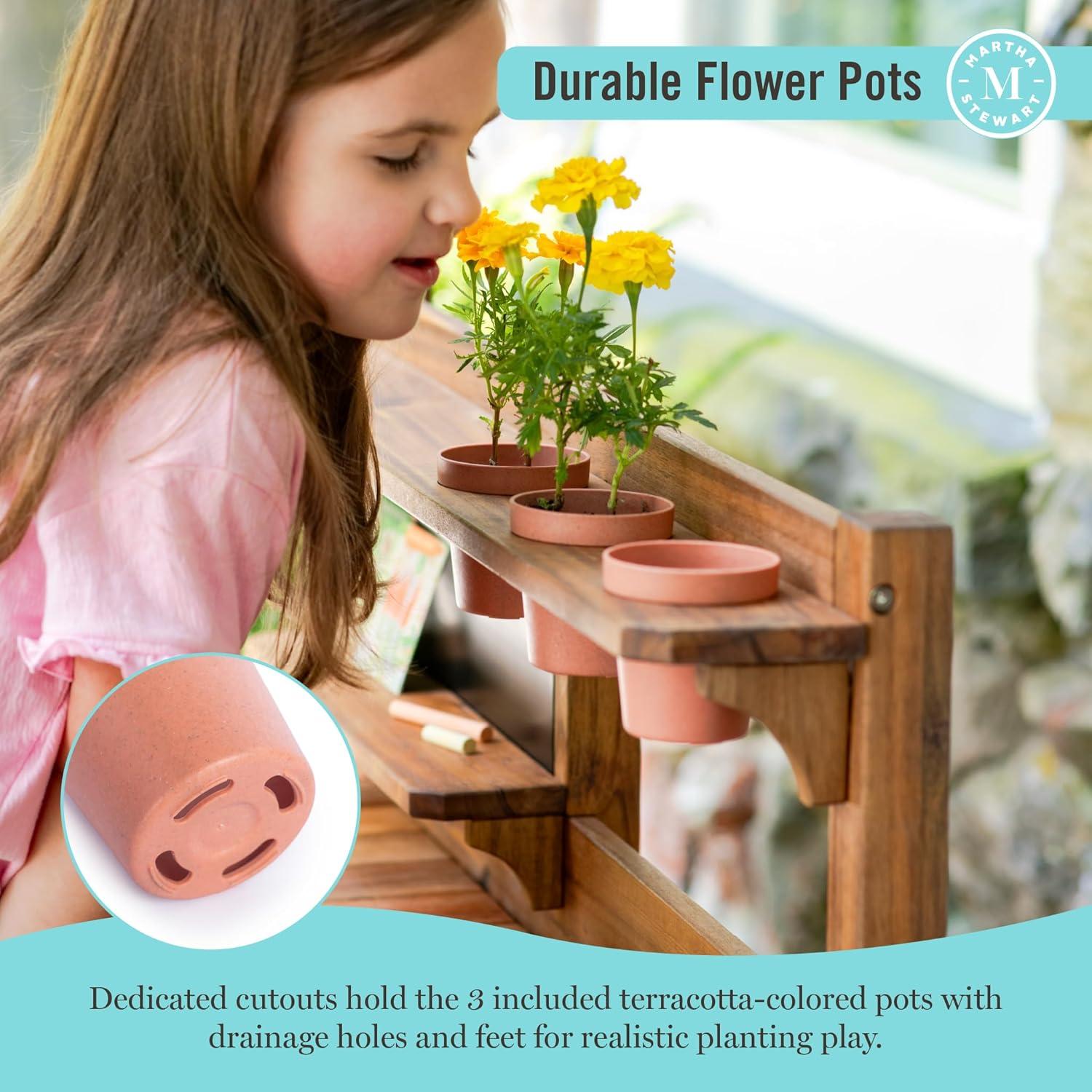 image:imageMartha Stewart Kids Outdoor Potting Bench Acacia Wood Kids Gardening Set with Pots Garden Tools Soil Bin and Open Shelves Wide Extendable Workspace Wooden Backyard Playset for Outdoor Activity