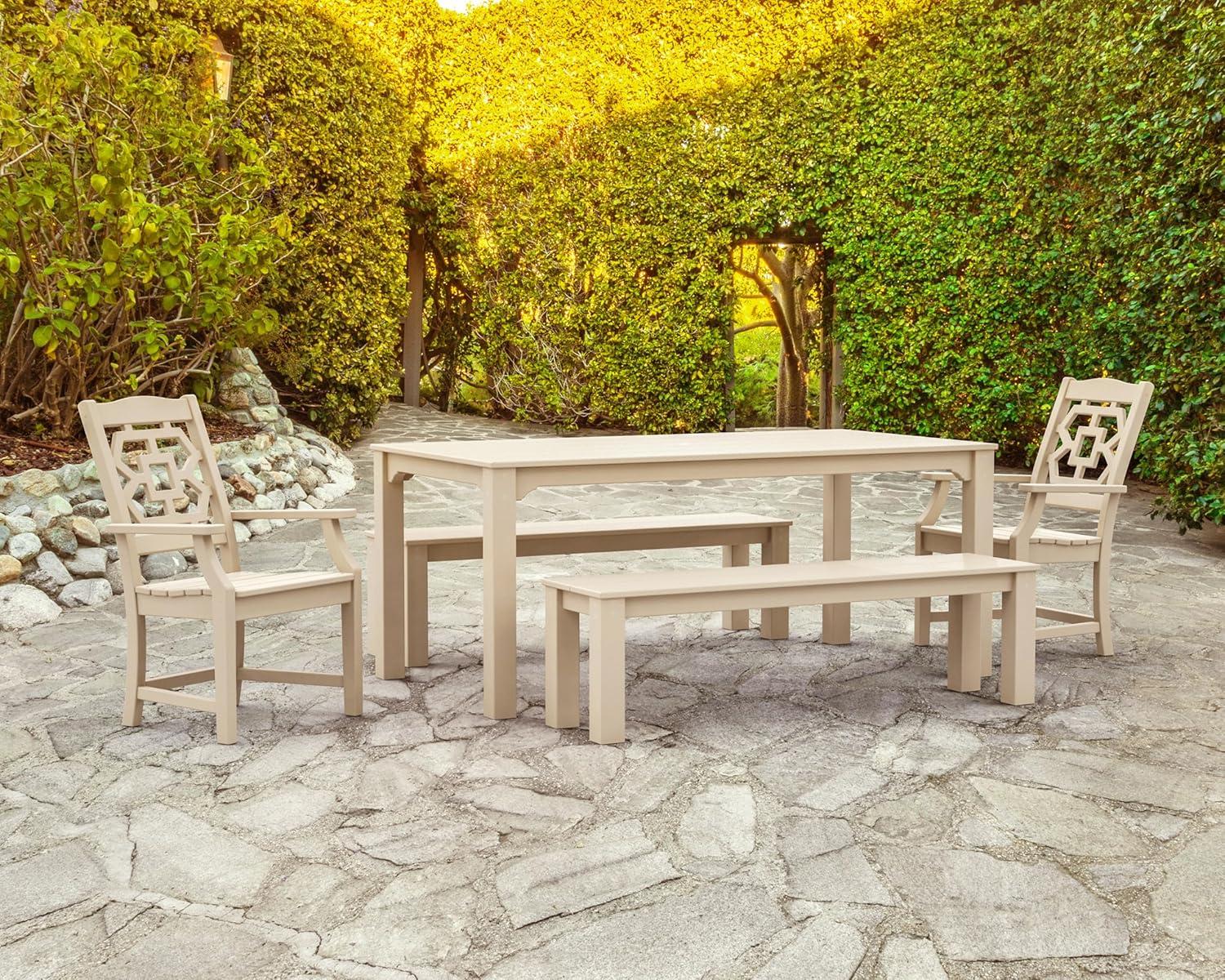 image:imageMartha Stewart by POLYWOOD Chinoiserie 5Piece Parsons Dining Set with Benches Exclusive in MahoganyMahogany