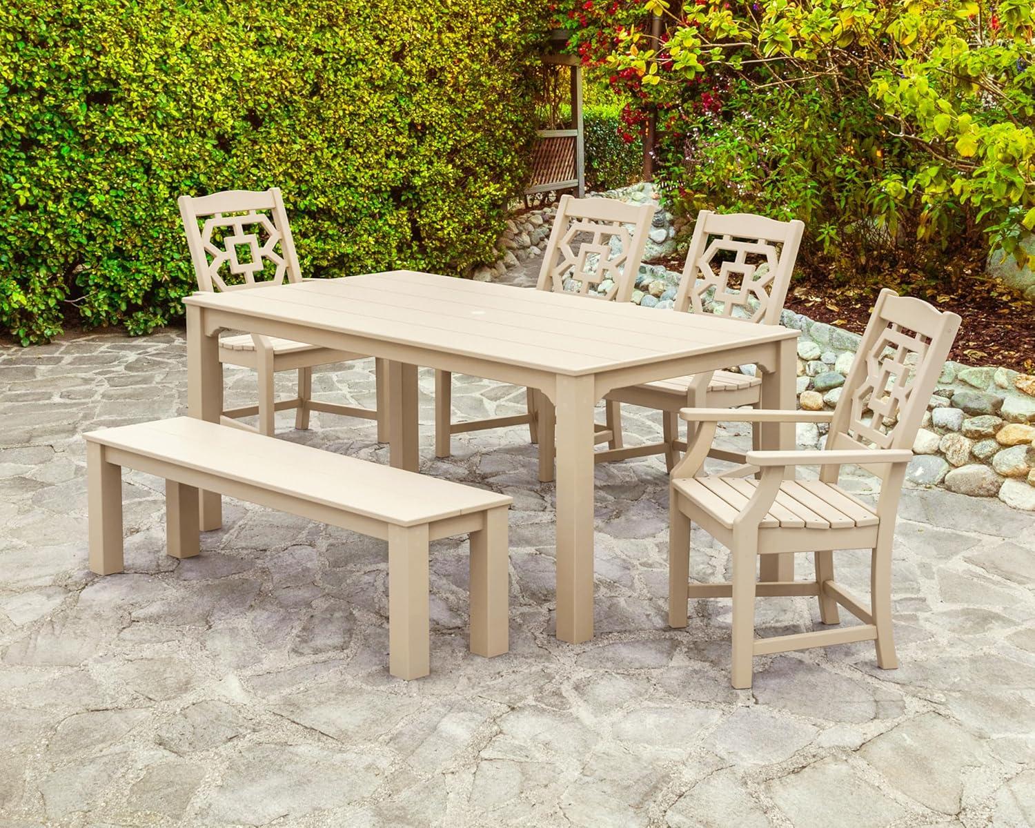 image:imageMartha Stewart by POLYWOOD Chinoiserie 6Piece Parsons Dining Set with Bench Exclusive in TeakWhite