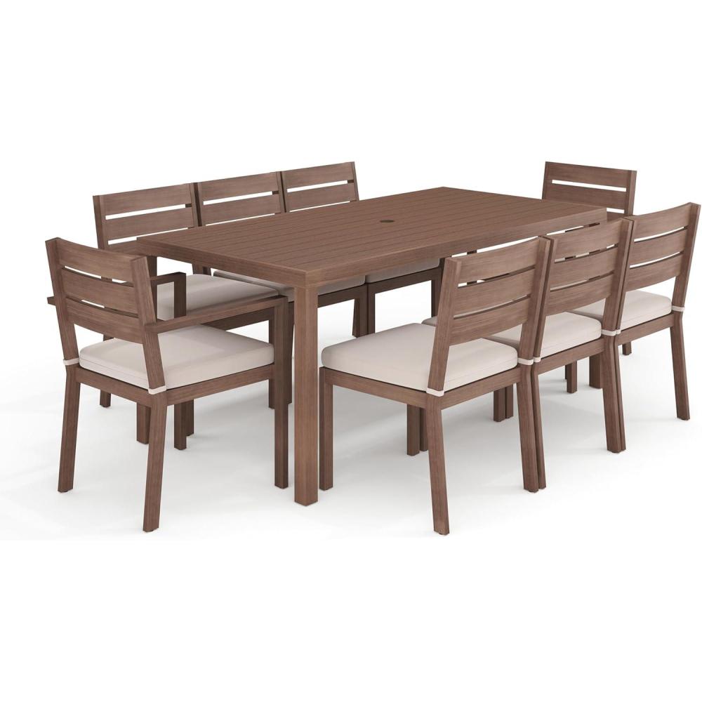 image:imageMartha Stewart Bedford 9 Piece Patio Set with 71 Table and 8 Stackable Chairs with Brown Brushed Woodgrain Aluminum Finish Cream AllWeather Seat Cushions