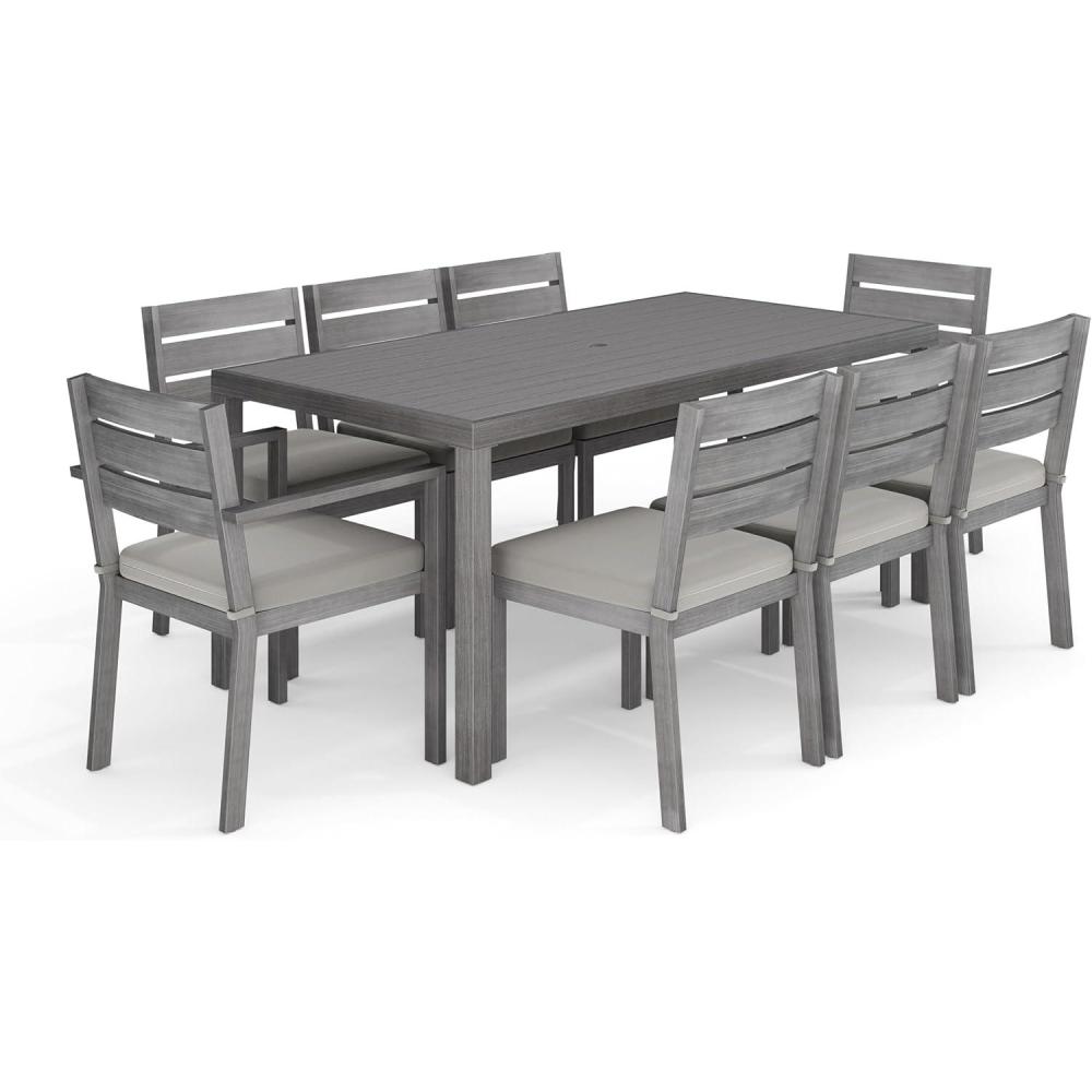 image:imageMartha Stewart Bedford 9 Piece Patio Set with 71 Table and 8 Stackable Chairs with Gray Brushed Woodgrain Aluminum Finish Gray AllWeather Seat Cushions
