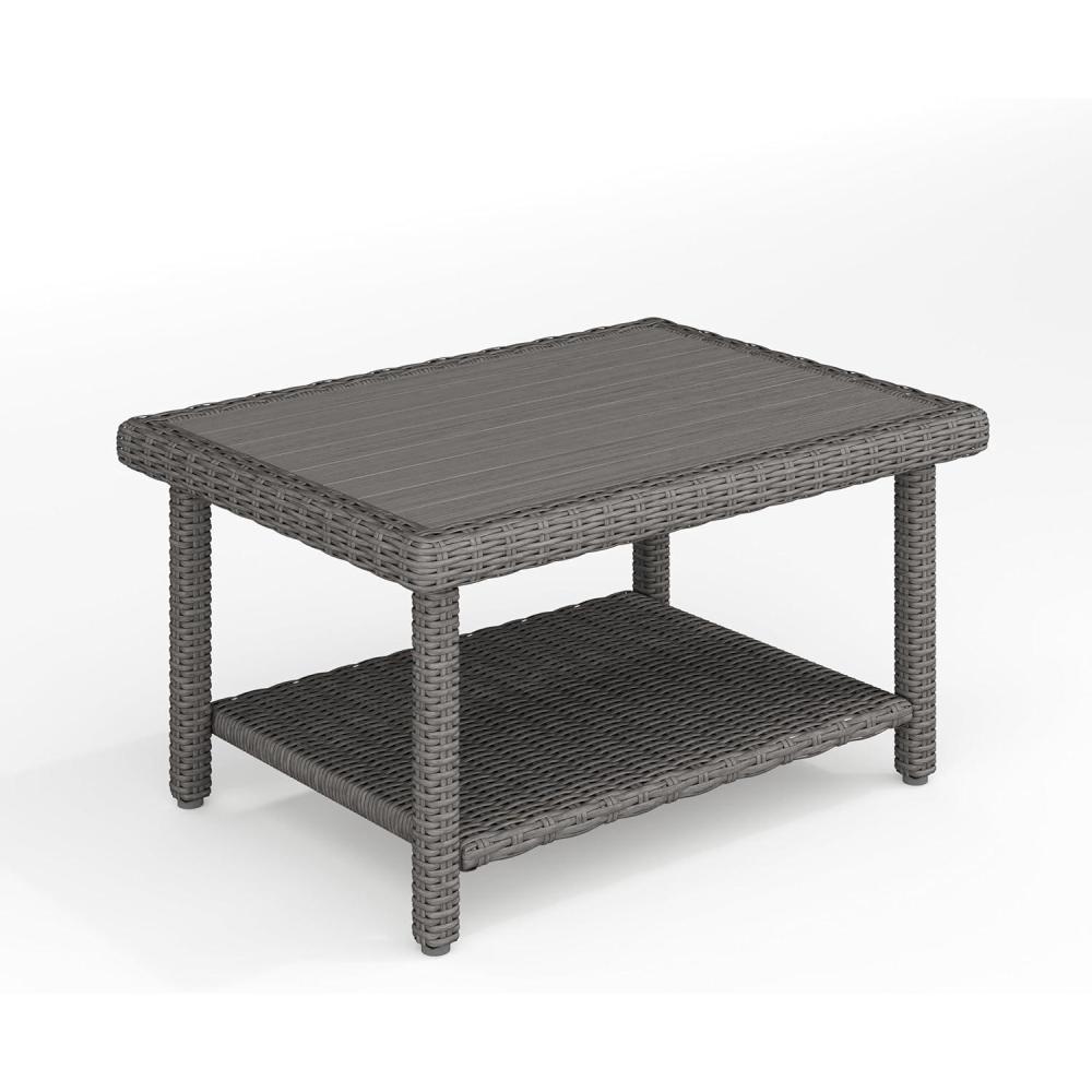 image:imageMartha Stewart Bedford IndoorOutdoor Patio Coffee Table with Lower Shelf Faux Wood Top and Rattan Wicker Finish in BrownGrey