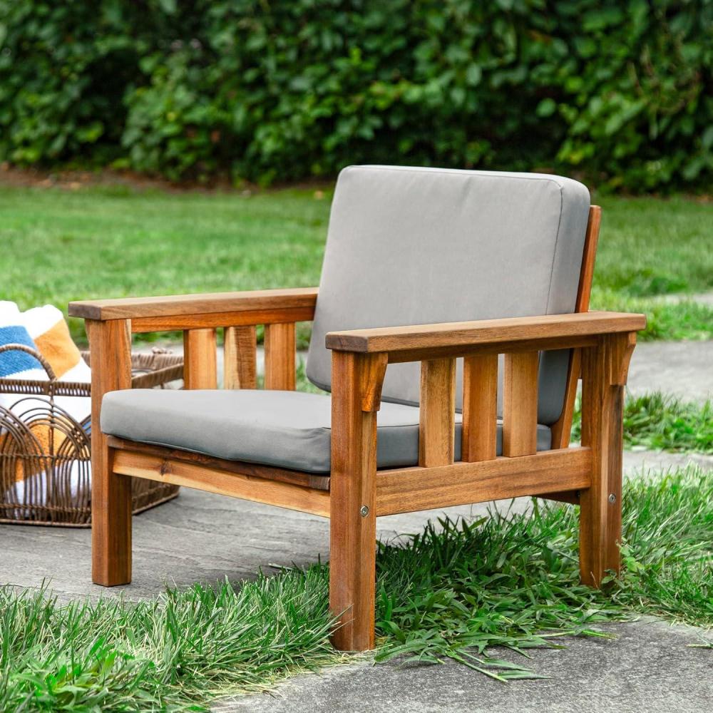 image:imageMartha Stewart Kids Outdoor Chair Natural Acacia Wood Chair for Kids wGray Polyester Cushions 10 Seat Height  Montessori Furniture for Backyard Patio and Outdoor Play amp Learning Environments