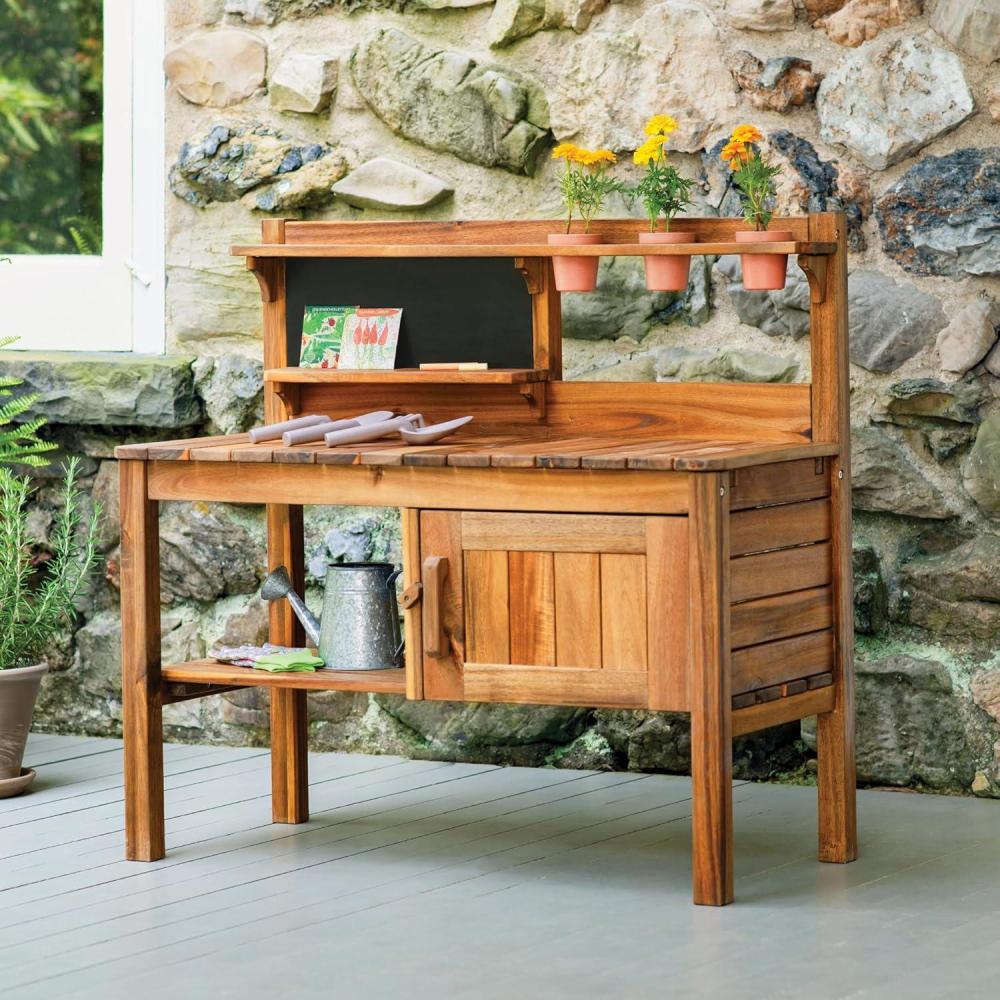 image:imageMartha Stewart Kids Outdoor Potting Bench Acacia Wood Kids Gardening Set with Pots Garden Tools Soil Bin and Open Shelves  Wide Extendable Workspace  Wooden Backyard Playset for Outdoor Activity
