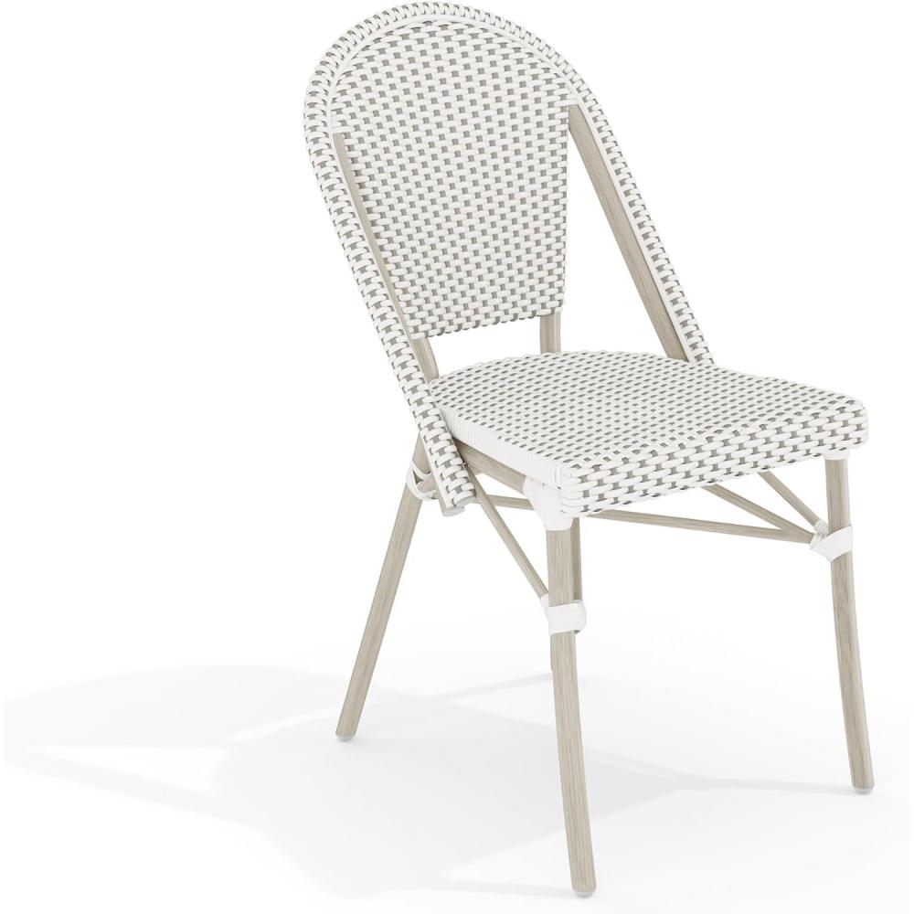 image:imageMartha Stewart Lily Pond IndoorOutdoor Stackable Bistro Chairs with Natural Woodgrain Aluminum Frame Finish BlackWhite Woven Rattan BackrestsSeats Set of 2Gray WhiteGray Frame
