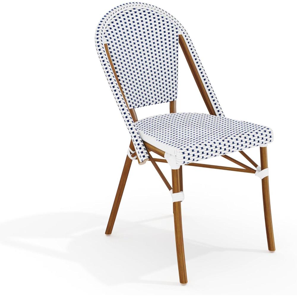 image:imageMartha Stewart Lily Pond IndoorOutdoor Stackable Bistro Chairs with Natural Woodgrain Aluminum Frame Finish BlackWhite Woven Rattan BackrestsSeats Set of 2Navy WhiteNatural Frame