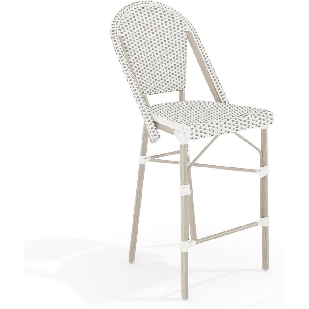 image:imageMartha Stewart Lily Pond IndoorOutdoor Stackable Counter Stool with Natural Woodgrain Aluminum Frame Finish and WhiteNavy Woven Rattan Backrest and SeatGray  WhiteGray Frame