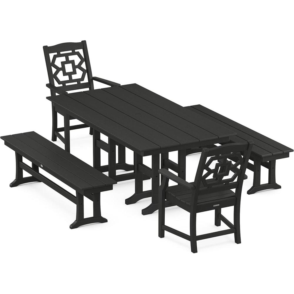 image:imageMartha Stewart by POLYWOOD Chinoiserie 5Piece Farmhouse Dining Set with Benches in GreenBlack