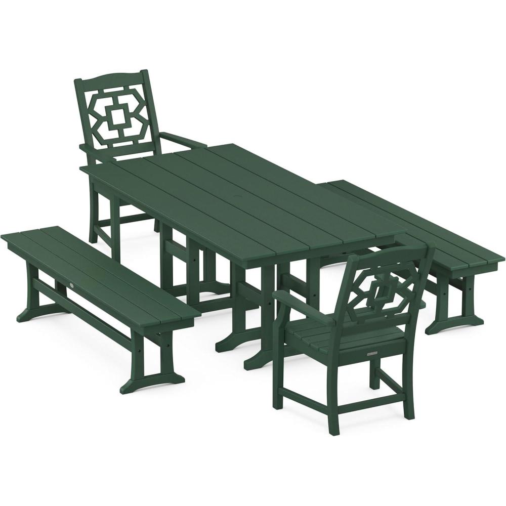 image:imageMartha Stewart by POLYWOOD Chinoiserie 5Piece Farmhouse Dining Set with Benches in GreenGreen