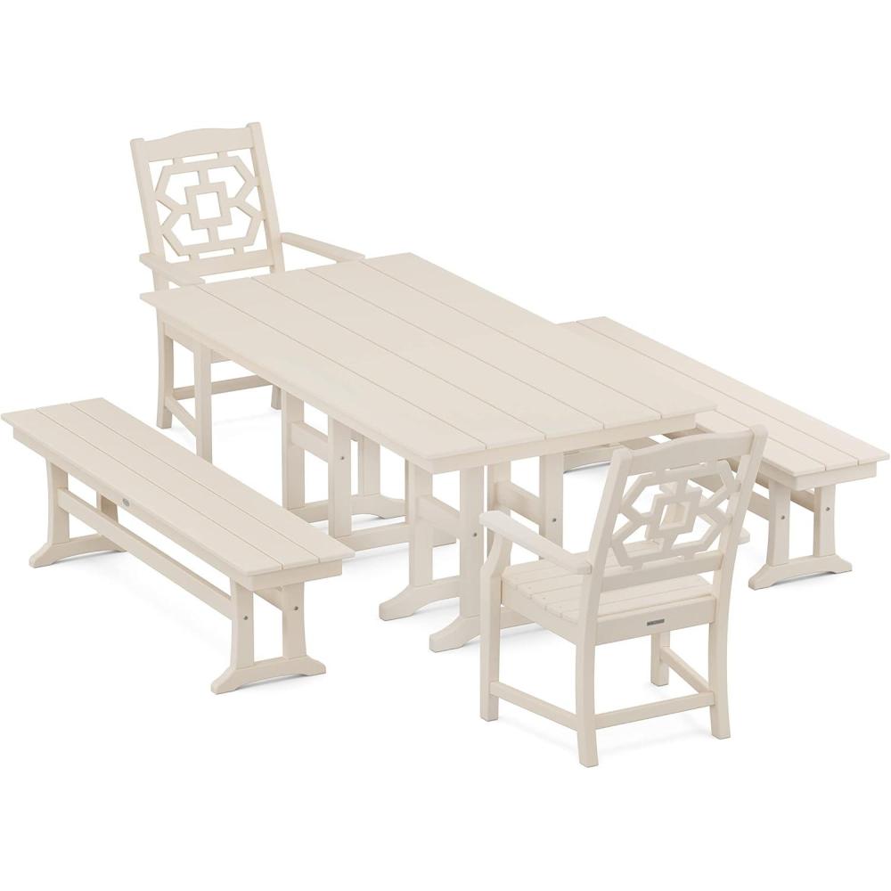 image:imageMartha Stewart by POLYWOOD Chinoiserie 5Piece Farmhouse Dining Set with Benches in GreenSand