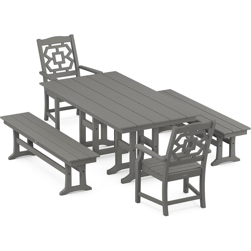 image:imageMartha Stewart by POLYWOOD Chinoiserie 5Piece Farmhouse Dining Set with Benches in GreenSlate Grey