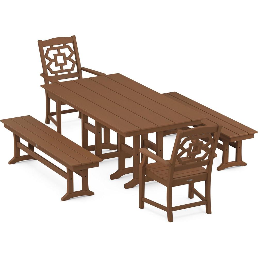 image:imageMartha Stewart by POLYWOOD Chinoiserie 5Piece Farmhouse Dining Set with Benches in GreenTeak