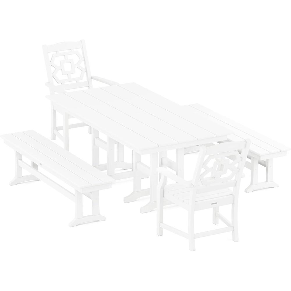 image:imageMartha Stewart by POLYWOOD Chinoiserie 5Piece Farmhouse Dining Set with Benches in GreenWhite