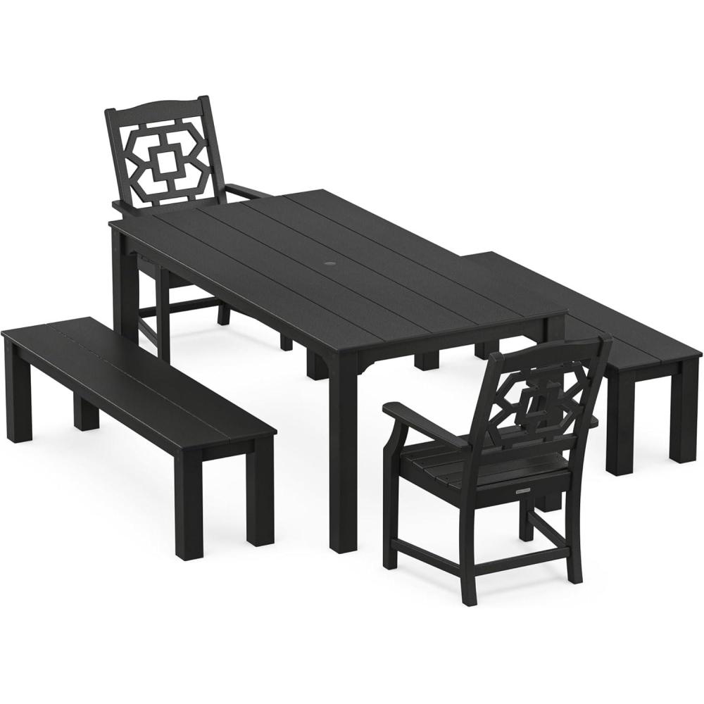 image:imageMartha Stewart by POLYWOOD Chinoiserie 5Piece Parsons Dining Set with Benches Exclusive in MahoganyBlack