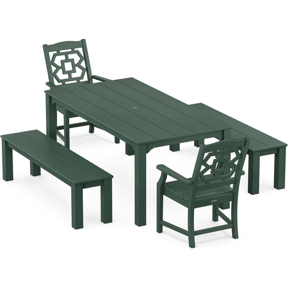 image:imageMartha Stewart by POLYWOOD Chinoiserie 5Piece Parsons Dining Set with Benches Exclusive in MahoganyGreen