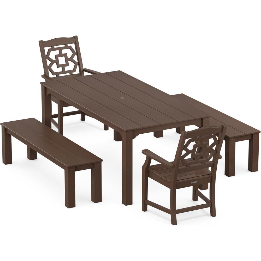 image:imageMartha Stewart by POLYWOOD Chinoiserie 5Piece Parsons Dining Set with Benches Exclusive in MahoganyMahogany