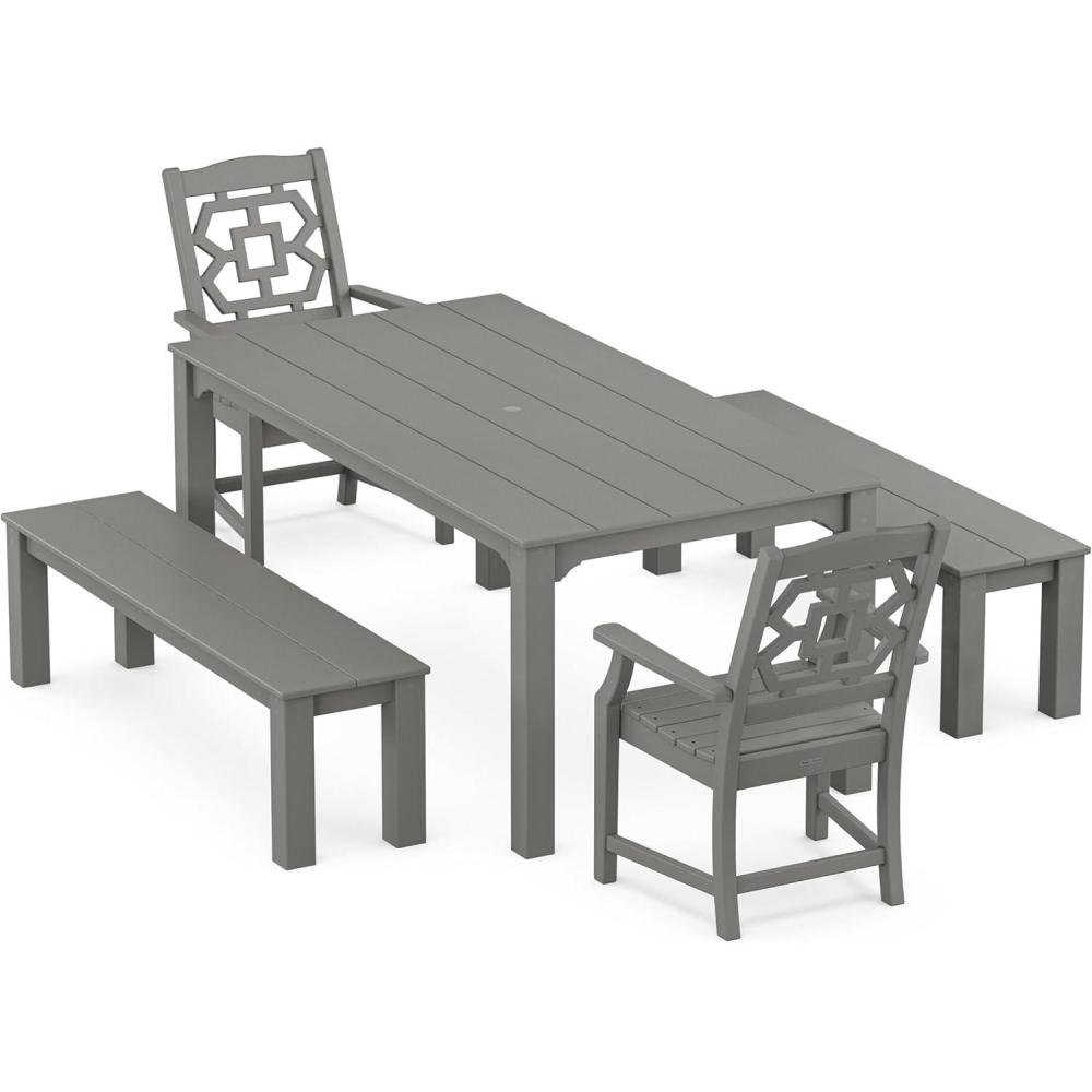 image:imageMartha Stewart by POLYWOOD Chinoiserie 5Piece Parsons Dining Set with Benches Exclusive in MahoganySlate Grey