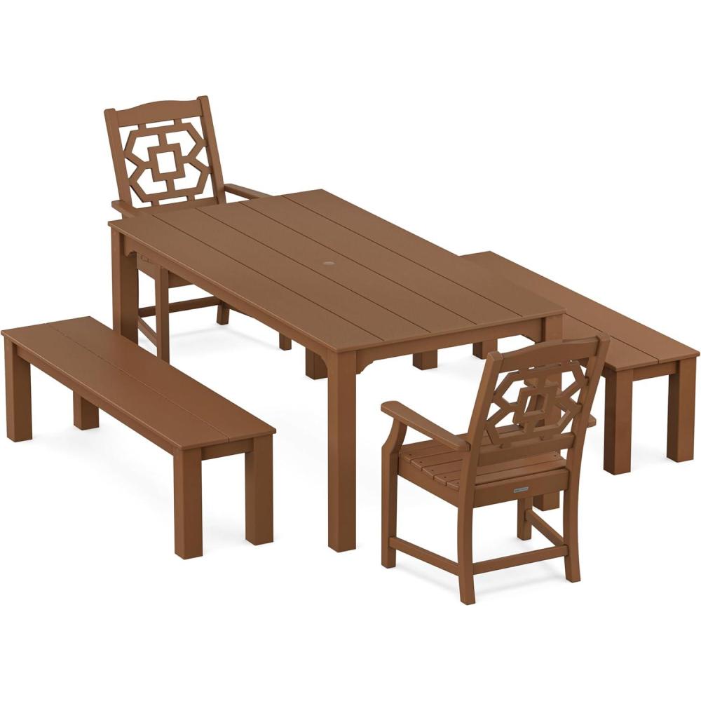 image:imageMartha Stewart by POLYWOOD Chinoiserie 5Piece Parsons Dining Set with Benches Exclusive in MahoganyTeak