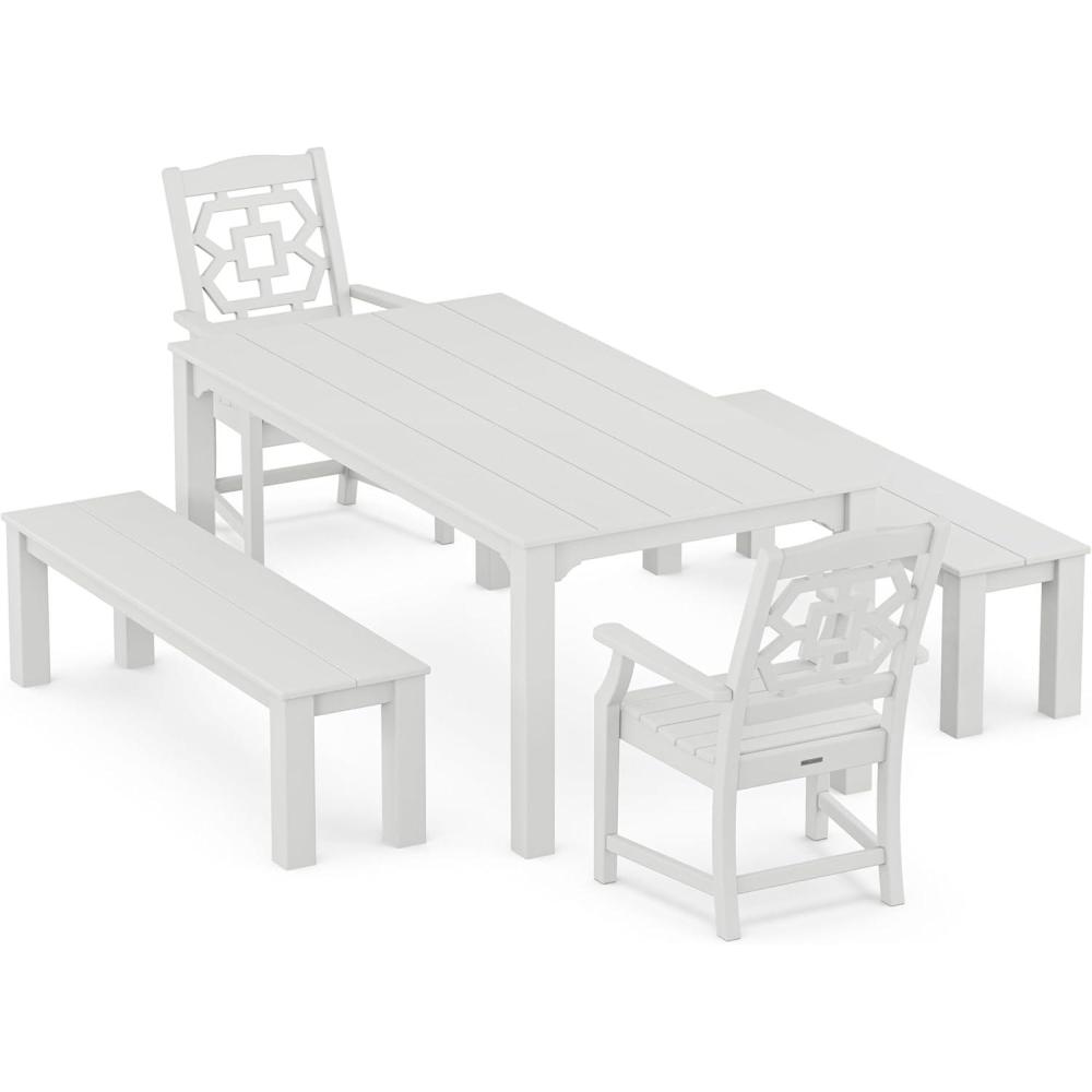 image:imageMartha Stewart by POLYWOOD Chinoiserie 5Piece Parsons Dining Set with Benches Exclusive in MahoganyWhite