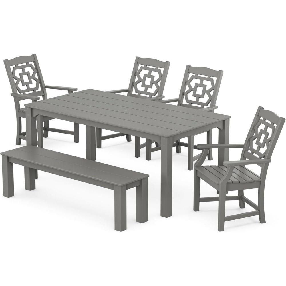 image:imageMartha Stewart by POLYWOOD Chinoiserie 6Piece Parsons Dining Set with Bench Exclusive in TeakSlate Grey